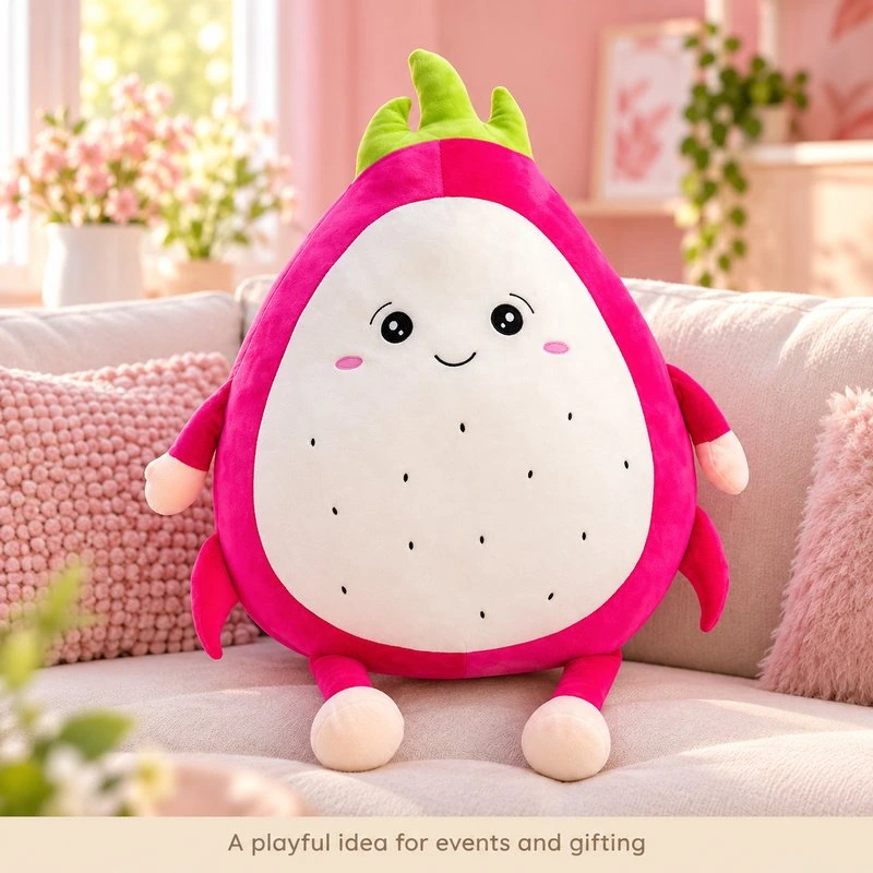 Illustrative application scene featuring smiling dragon fruit plush; setting is a concept.