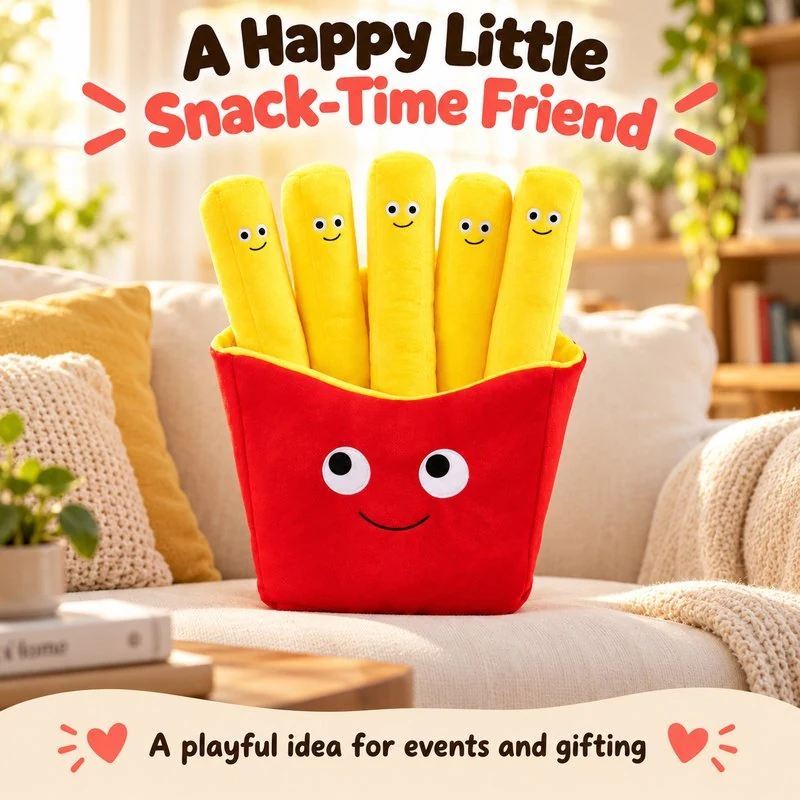 Illustrative application scene featuring smiling french fries plush; setting is a concept.