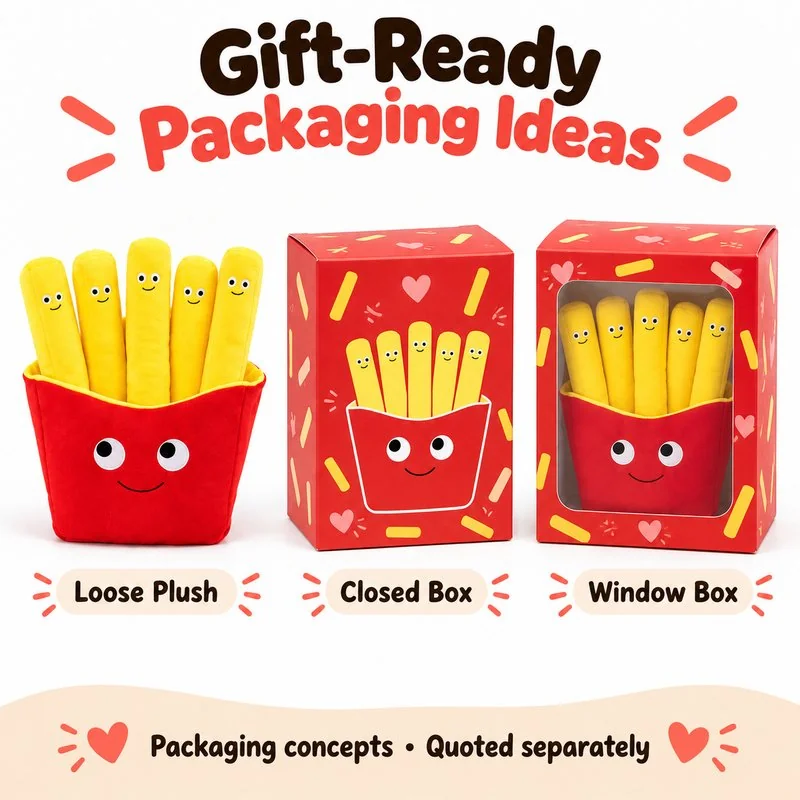 Smiling French Fries Plush — optional packaging concept; final artwork, fit and quotation require confirmation.