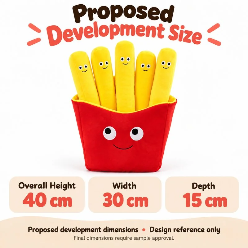 Smiling French Fries Plush — proposed size reference; dimensions require sample confirmation.
