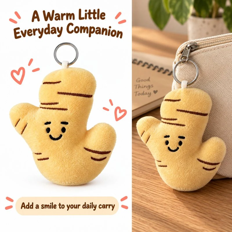 Illustrative application scene featuring smiling ginger plush keychain; setting is a concept.