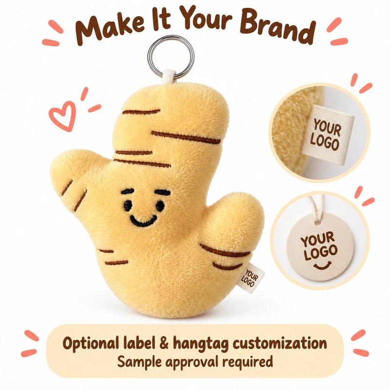 Customization concept for smiling ginger plush keychain; feasibility and sample approval required.