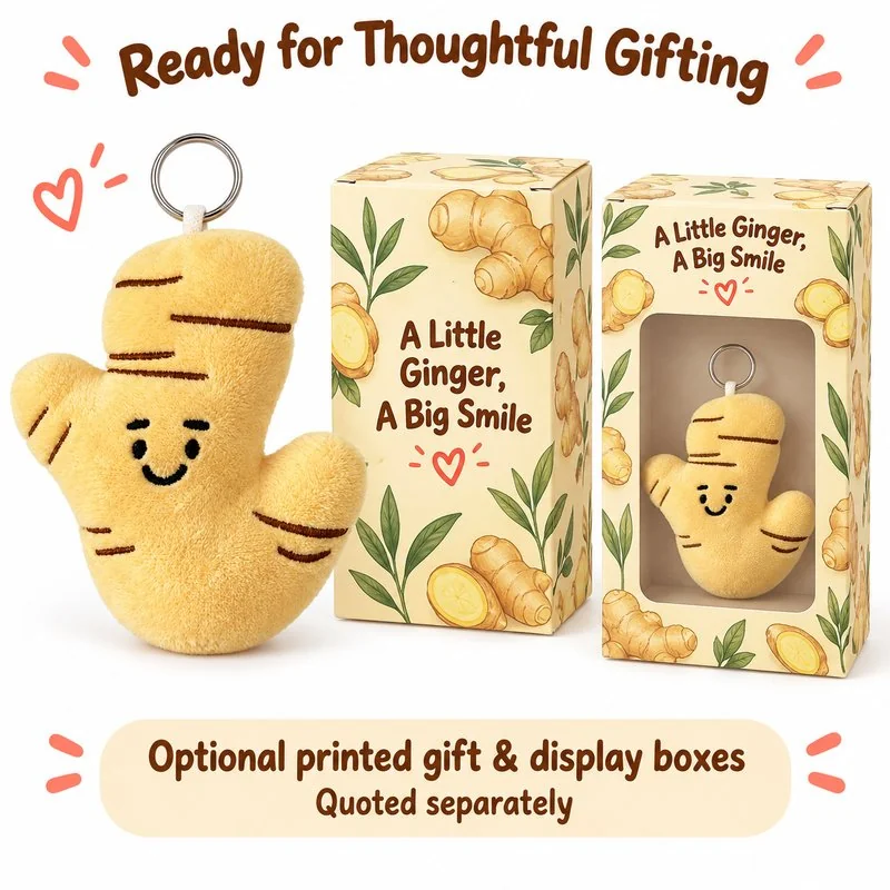 Smiling Ginger Plush Keychain — optional packaging concept; final artwork, fit and quotation require confirmation.