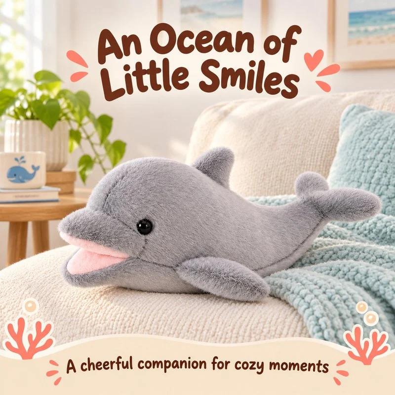 Illustrative application scene featuring open mouth gray dolphin plush; setting is a concept.