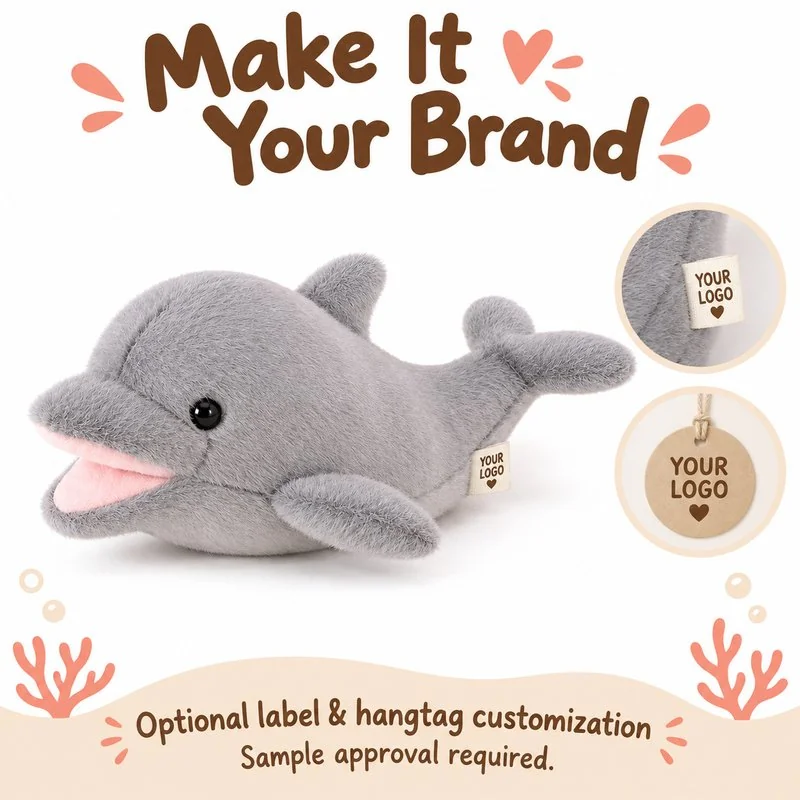 Customization concept for open mouth gray dolphin plush; feasibility and sample approval required.