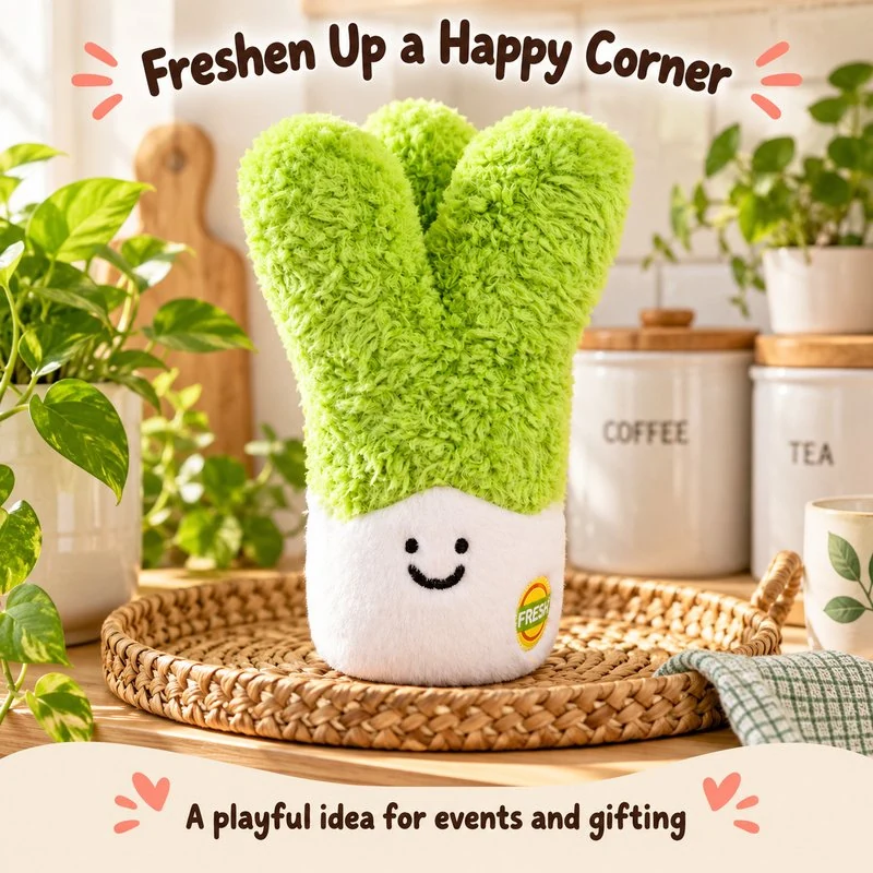 Illustrative application scene featuring smiling green scallion plush; setting is a concept.