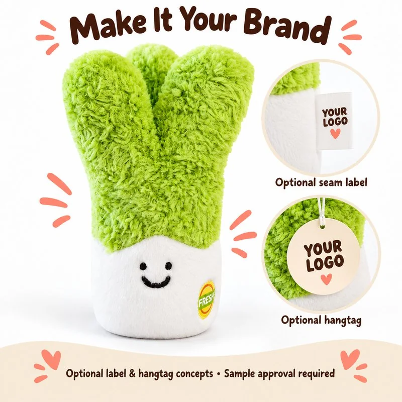 Customization concept for smiling green scallion plush; feasibility and sample approval required.