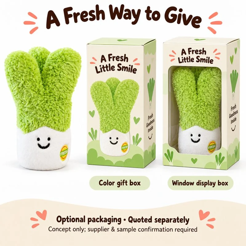 Smiling Green Scallion Plush — optional packaging concept; final artwork, fit and quotation require confirmation.