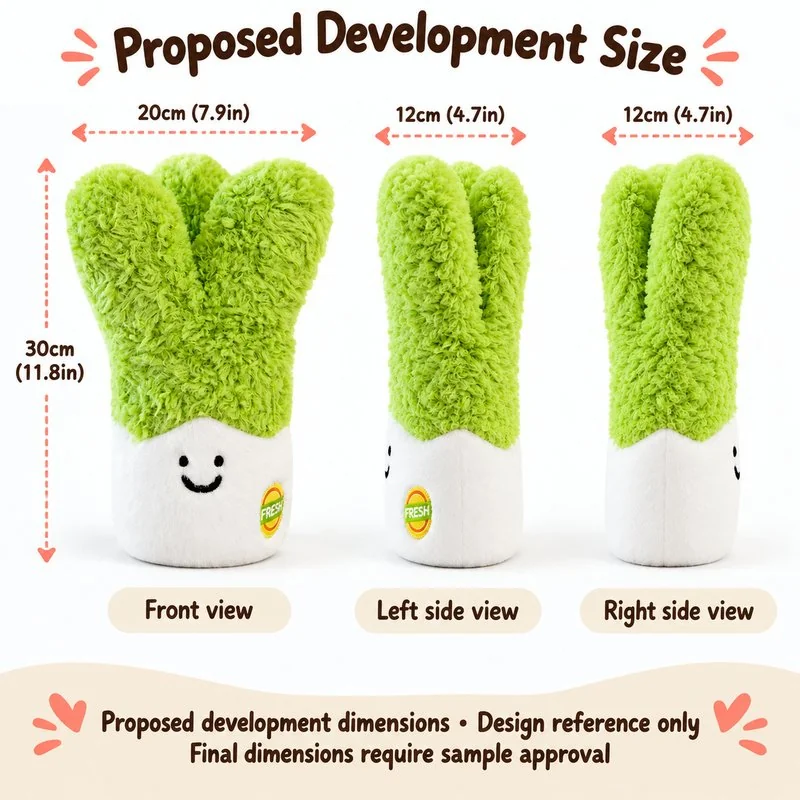 Smiling Green Scallion Plush — proposed size reference; dimensions require sample confirmation.
