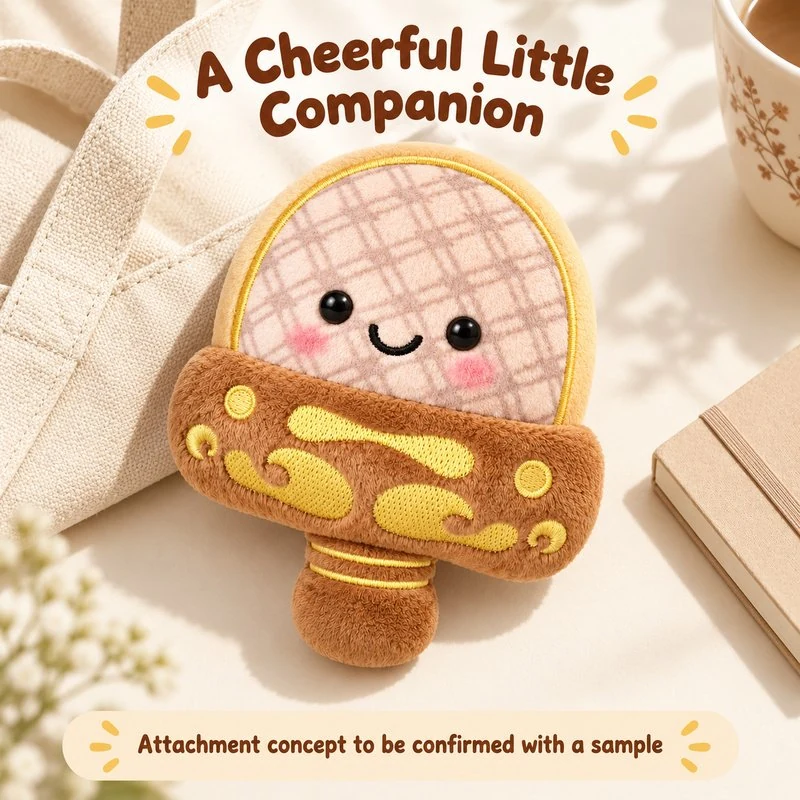 Illustrative application scene featuring smiling ham slice character plush; setting is a concept.