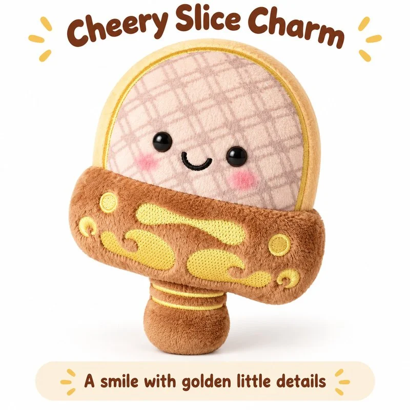 Smiling Ham Slice Character Plush; AI concept reference, final sample and specifications to be confirmed.