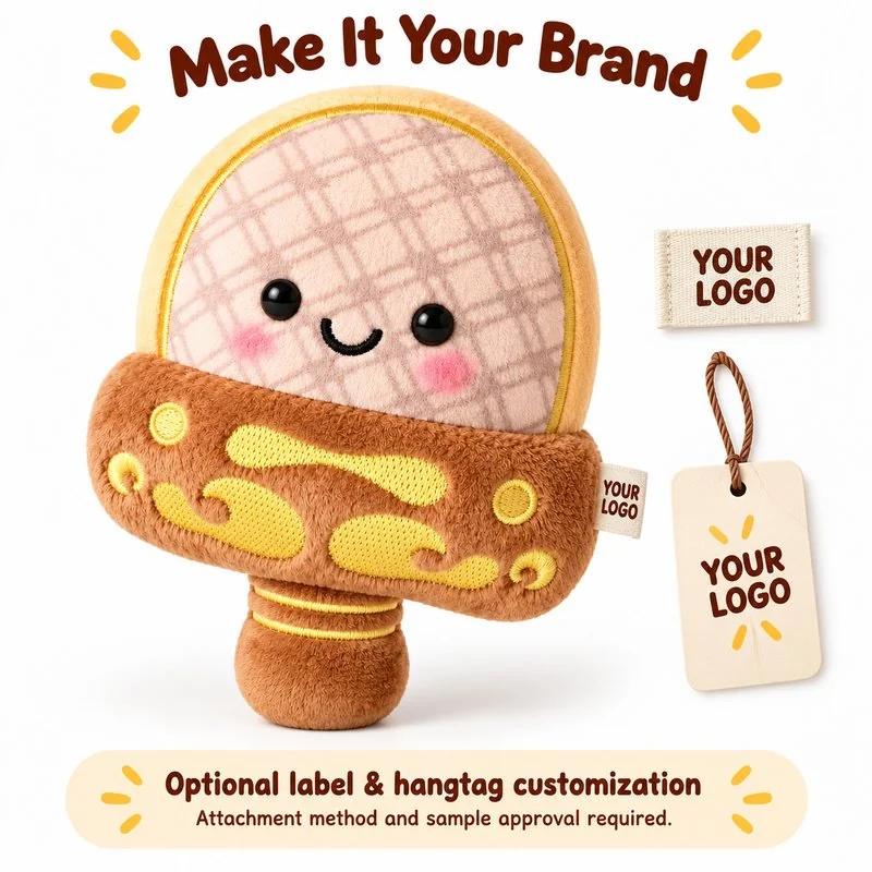 Customization concept for smiling ham slice character plush; feasibility and sample approval required.