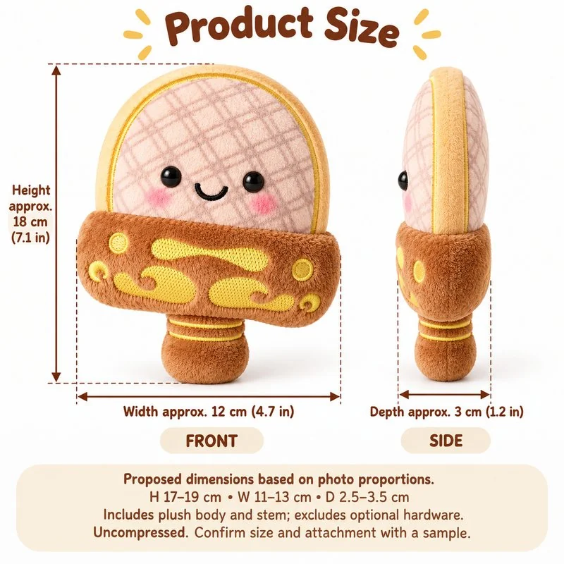 Smiling Ham Slice Character Plush — proposed size reference; dimensions require sample confirmation.