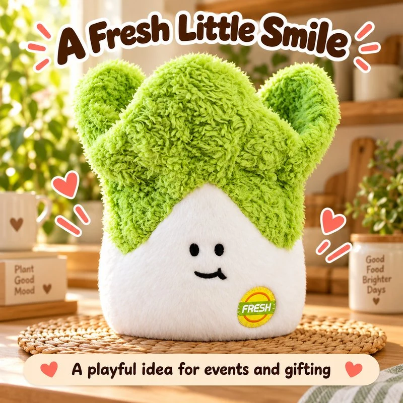 Illustrative application scene featuring smiling leafy cabbage plush; setting is a concept.