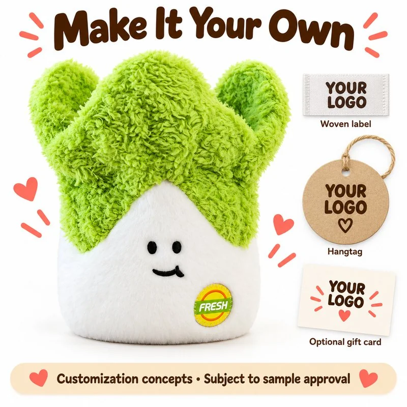 Customization concept for smiling leafy cabbage plush; feasibility and sample approval required.