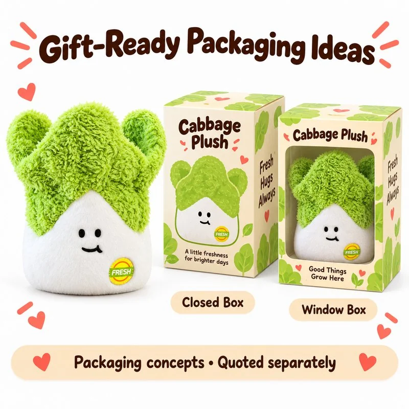 Smiling Leafy Cabbage Plush — optional packaging concept; final artwork, fit and quotation require confirmation.