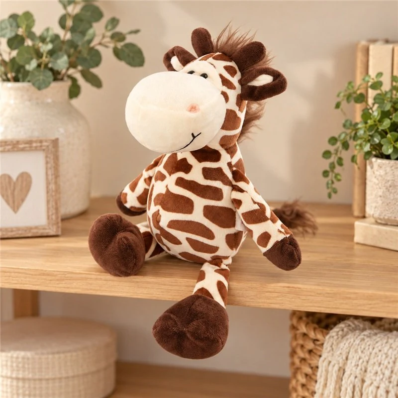 Illustrative application scene featuring smiling long neck giraffe plush; setting is a concept.