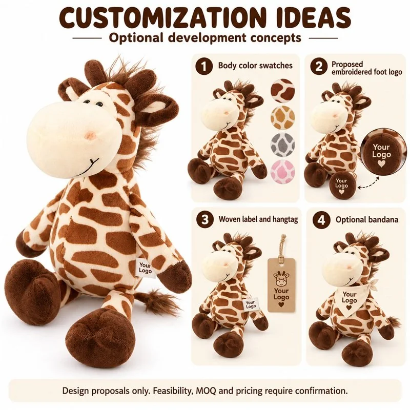 Customization concept for smiling long neck giraffe plush; feasibility and sample approval required.