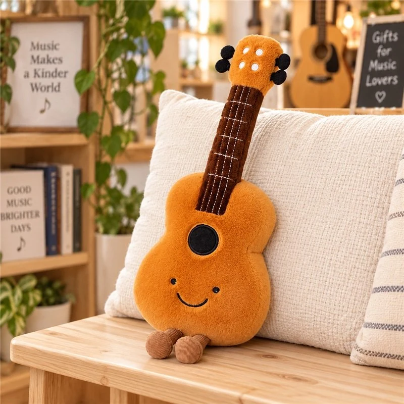 Illustrative application scene featuring smiling orange guitar plush; setting is a concept.