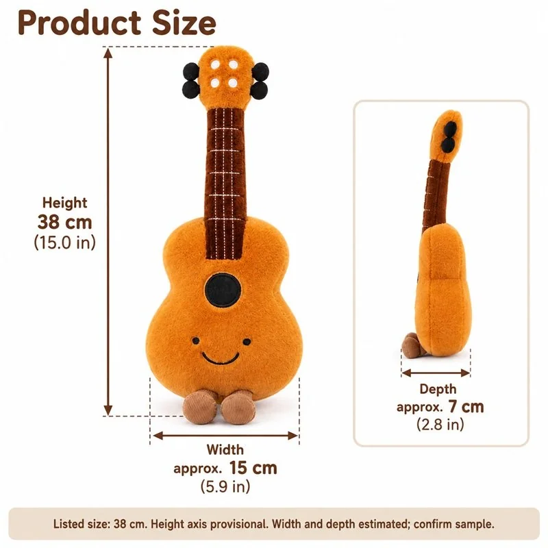 Smiling Orange Guitar Plush — proposed size reference; dimensions require sample confirmation.