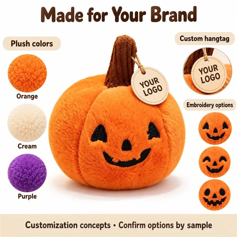 Customization concept for smiling orange pumpkin plush; feasibility and sample approval required.
