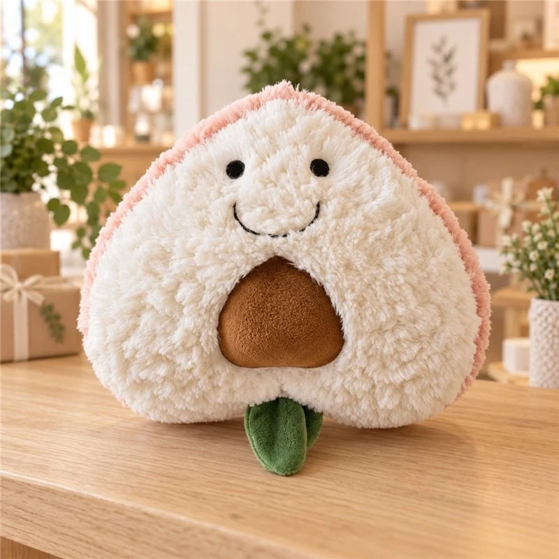 Illustrative application scene featuring smiling peach half plush; setting is a concept.
