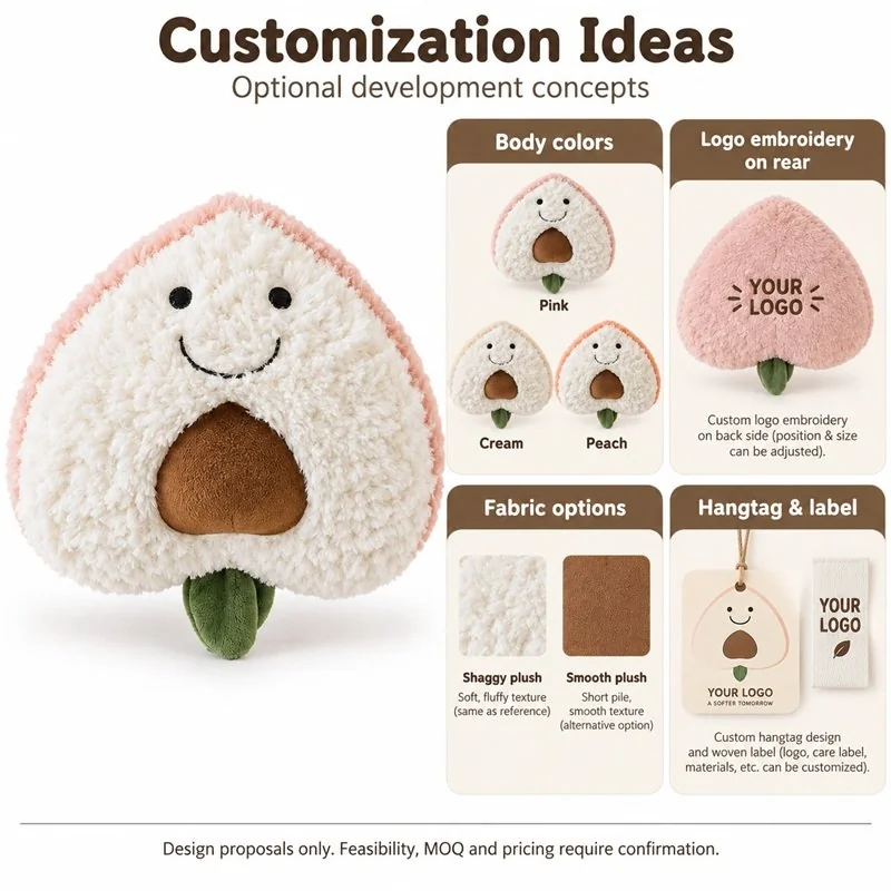 Customization concept for smiling peach half plush; feasibility and sample approval required.