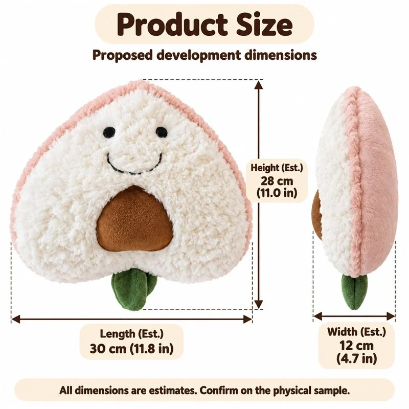 Smiling Peach Half Plush — proposed size reference; dimensions require sample confirmation.