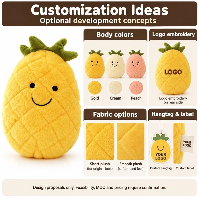 Customization concept for smiling pineapple plush; feasibility and sample approval required.