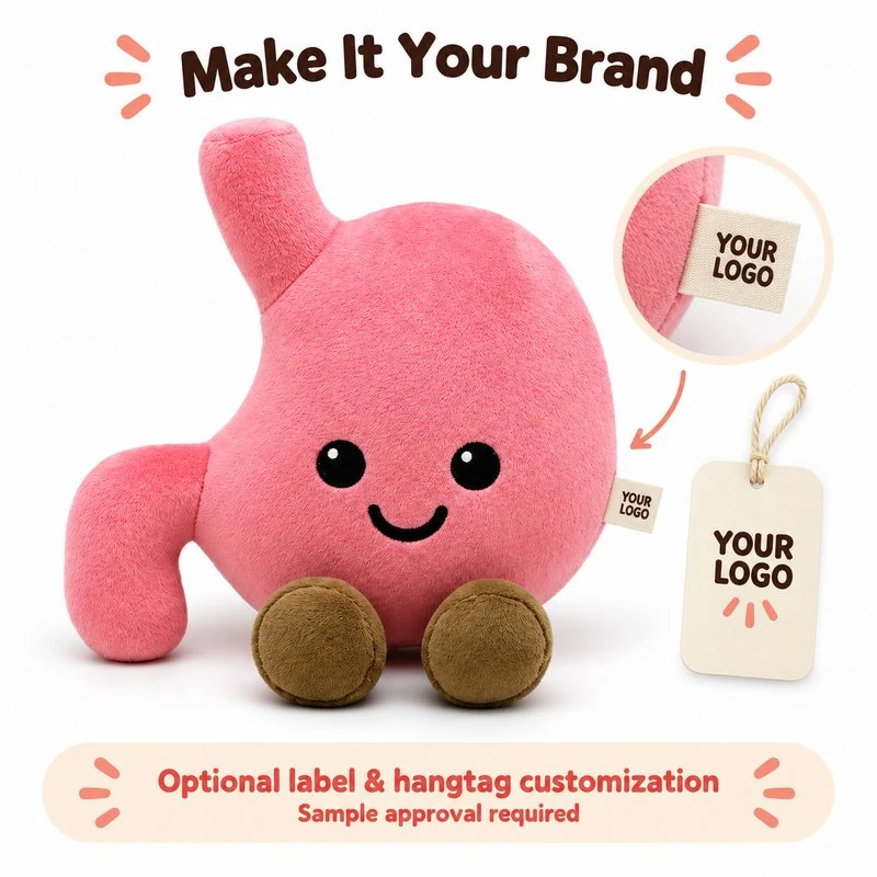 Customization concept for smiling pink stomach plush; feasibility and sample approval required.
