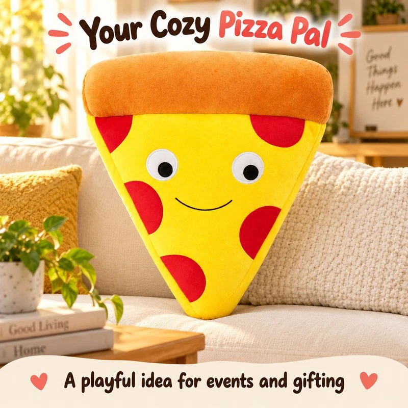 Illustrative application scene featuring smiling pizza slice plush; setting is a concept.