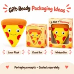 Smiling Pizza Slice Plush — optional packaging concept; final artwork, fit and quotation require confirmation.