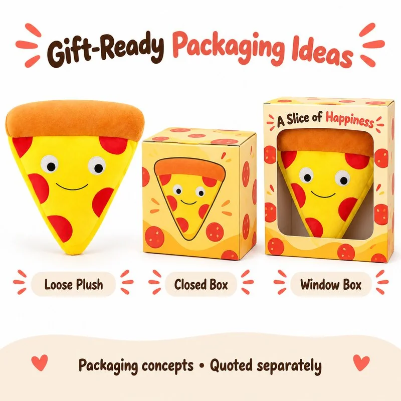 Smiling Pizza Slice Plush — optional packaging concept; final artwork, fit and quotation require confirmation.
