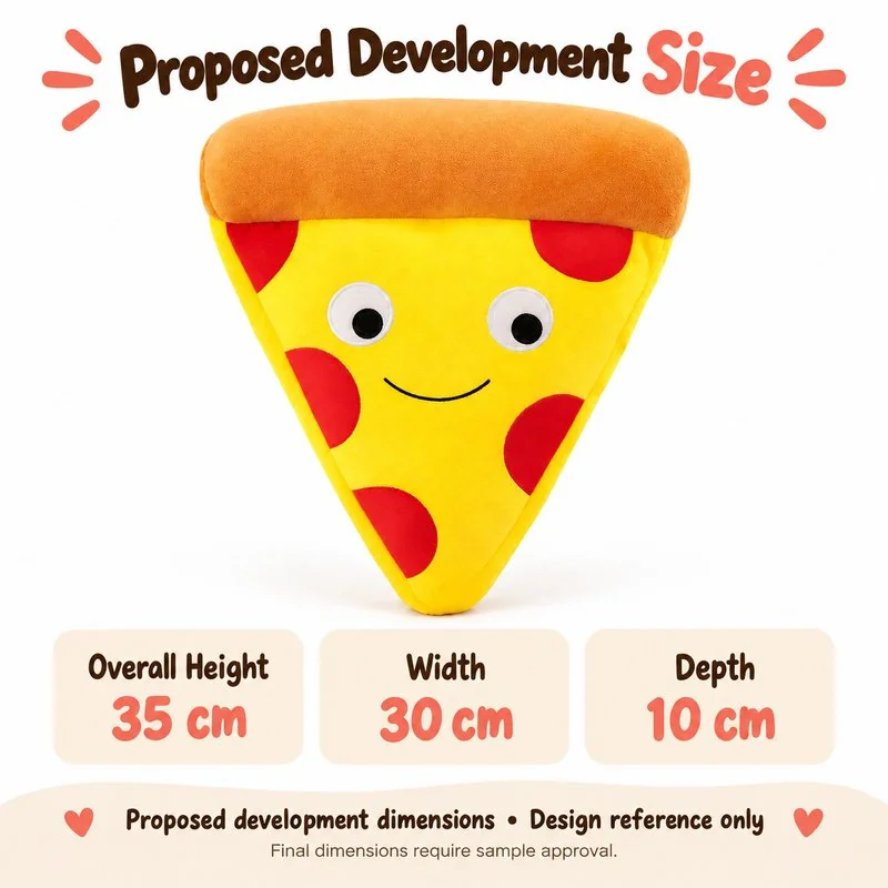 Smiling Pizza Slice Plush — proposed size reference; dimensions require sample confirmation.