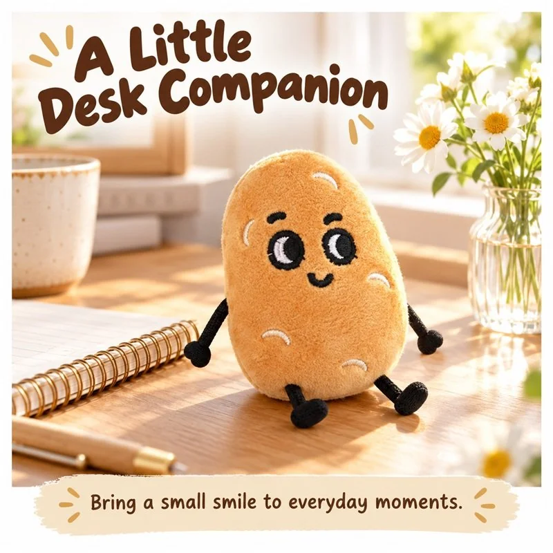 Illustrative application scene featuring smiling potato character plush; setting is a concept.