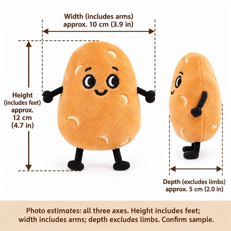 Smiling Potato Character Plush — proposed size reference; dimensions require sample confirmation.