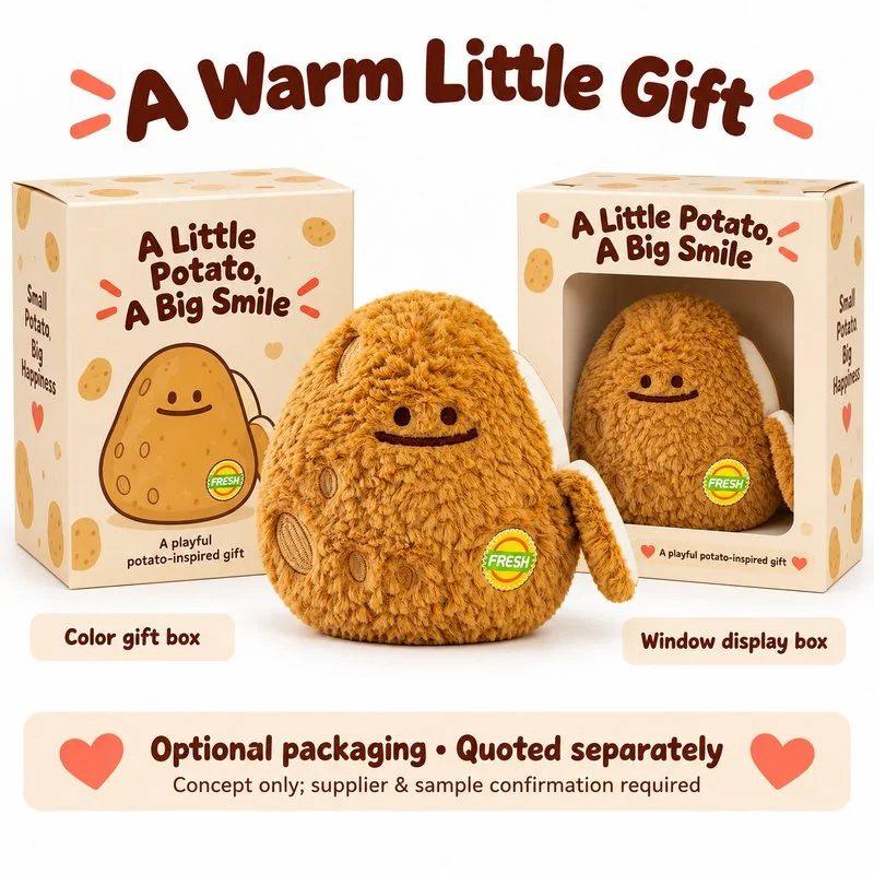 Smiling Potato With Slice Plush — optional packaging concept; final artwork, fit and quotation require confirmation.