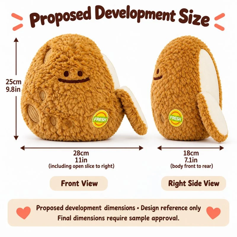 Smiling Potato With Slice Plush — proposed size reference; dimensions require sample confirmation.