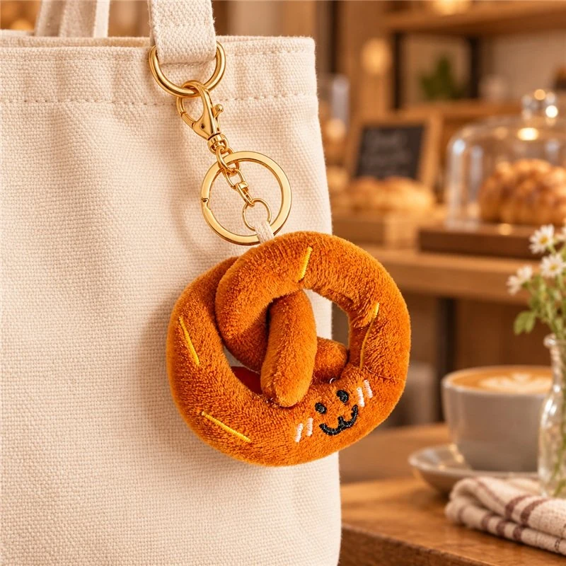 Illustrative application scene featuring smiling pretzel plush keychain; setting is a concept.
