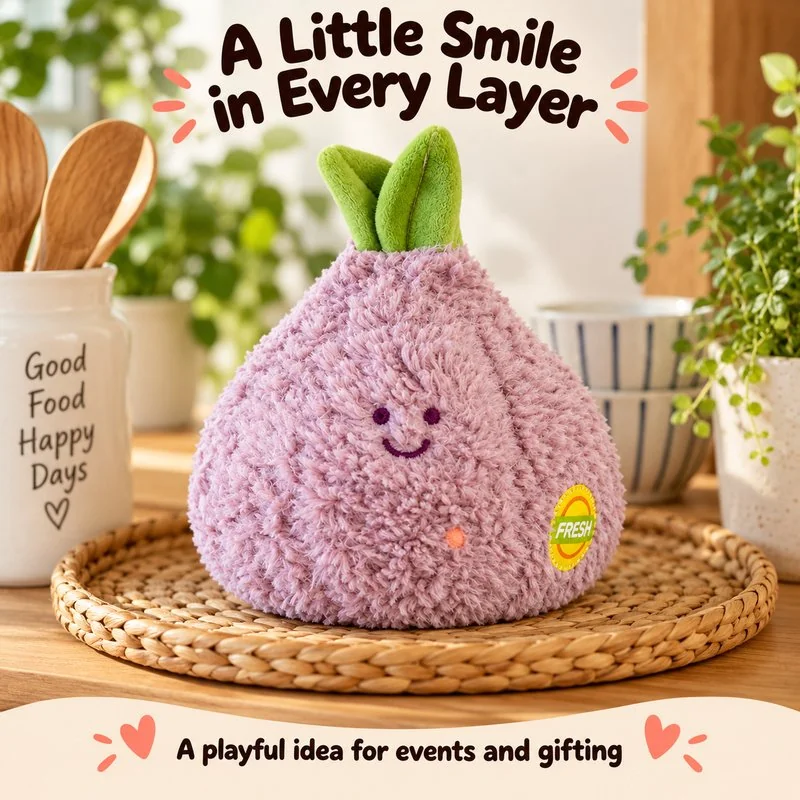 Illustrative application scene featuring smiling purple onion plush; setting is a concept.