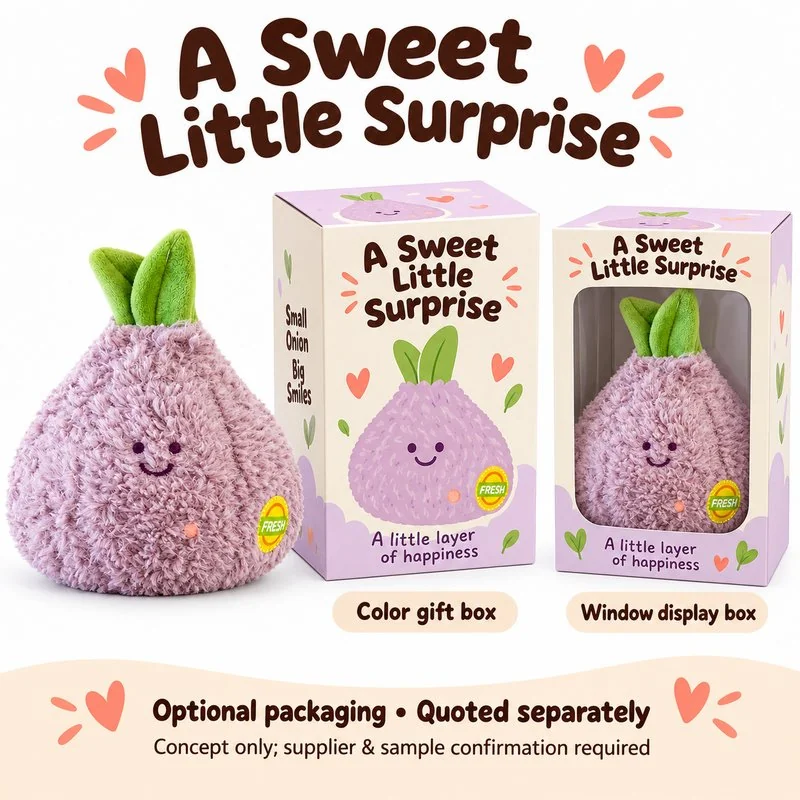 Smiling Purple Onion Plush — optional packaging concept; final artwork, fit and quotation require confirmation.