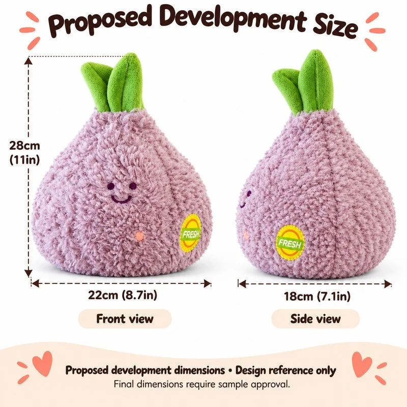 Smiling Purple Onion Plush — proposed size reference; dimensions require sample confirmation.
