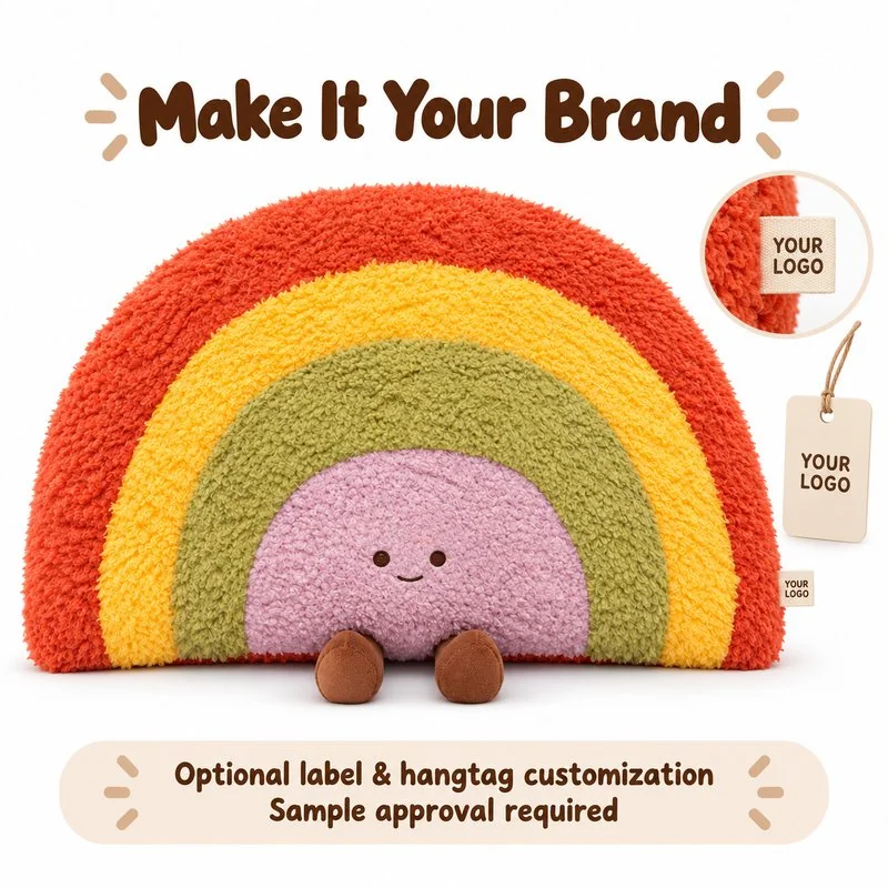 Customization concept for smiling rainbow plush cushion; feasibility and sample approval required.