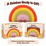 Smiling Rainbow Plush Cushion — optional packaging concept; final artwork, fit and quotation require confirmation.