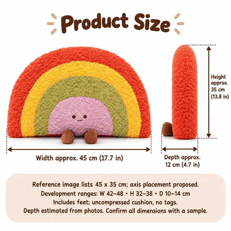 Smiling Rainbow Plush Cushion — proposed size reference; dimensions require sample confirmation.