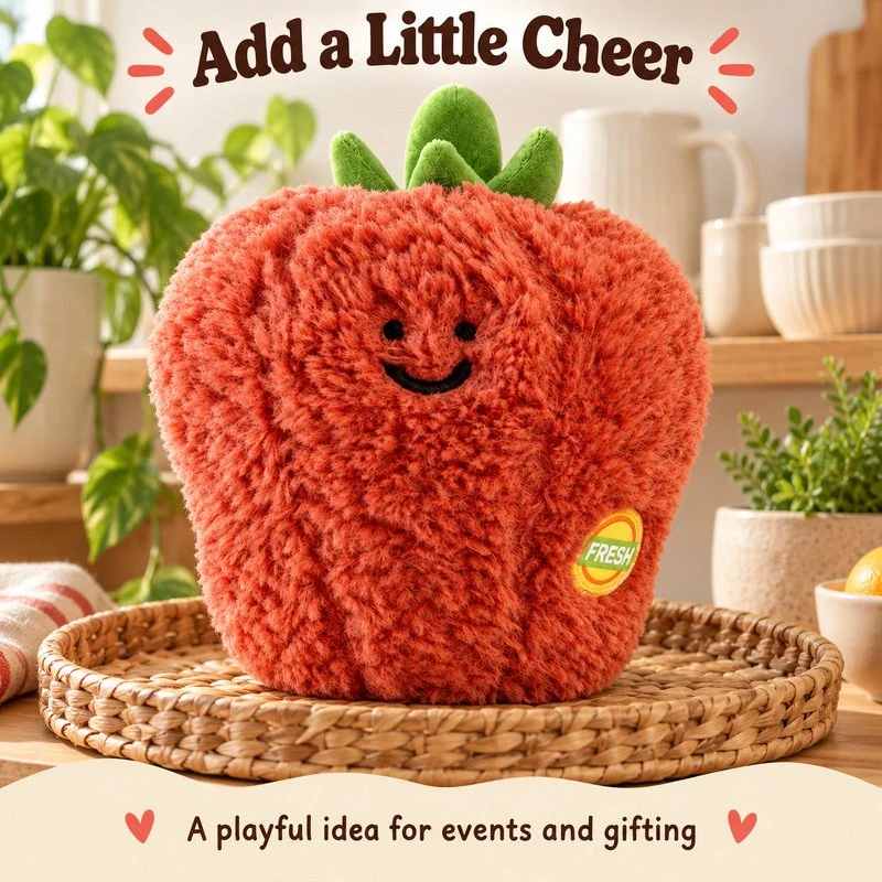Illustrative application scene featuring smiling red bell pepper plush; setting is a concept.