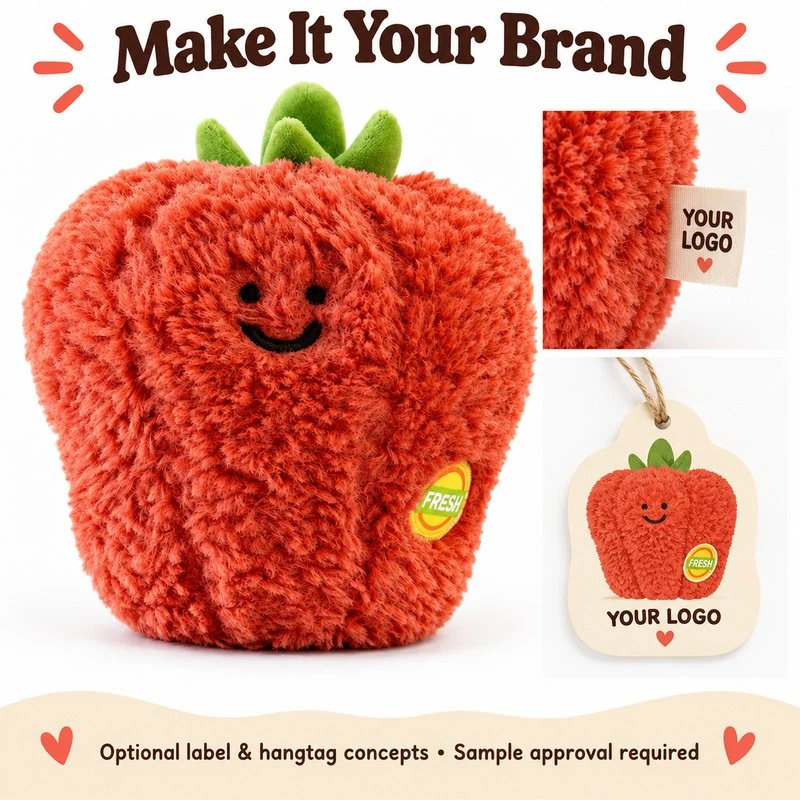 Customization concept for smiling red bell pepper plush; feasibility and sample approval required.
