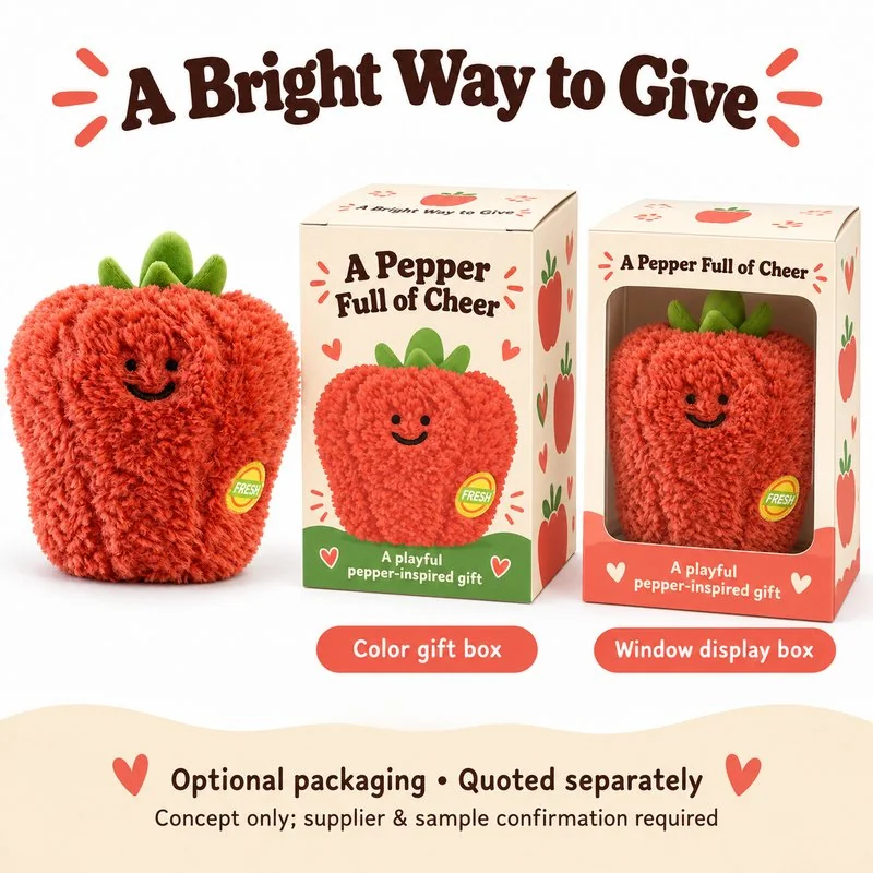 Smiling Red Bell Pepper Plush — optional packaging concept; final artwork, fit and quotation require confirmation.
