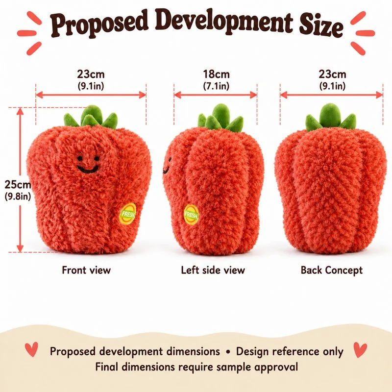Smiling Red Bell Pepper Plush — proposed size reference; dimensions require sample confirmation.
