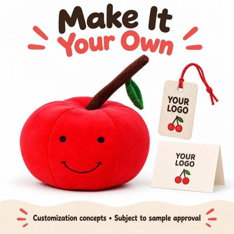 Customization concept for smiling red cherry plush; feasibility and sample approval required.